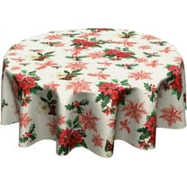 Christmas Red Flowers and Red Leaf Tablecloth Holly Red Flower Round Tablecloth 60 Inch for Farmhouse Kitchen Decor Polyester Fabric Winter/Xmas Table Cover for Party Outdoor Camping Holiday