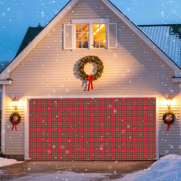 Christmas Red Garage Door Banner Covers, and Green Buffalo Plaid Large Hanging Indoor/Outdoor Backdrop Background for Christmas Winter Party Decor, 6x13 FT