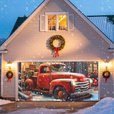 Christmas Red Garage Door Banner Covers, Truck Snowflake Large Hanging Indoor/Outdoor Backdrop Background for Christmas Winter Party Decor, 6.9x8 FT