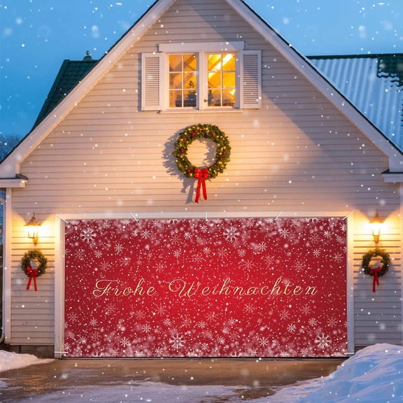 Christmas Red Garage Door Banner Covers, Winter White Snowflakes Frohe Weihnachten Large Hanging Indoor/Outdoor Backdrop Background for Christmas Winter Party Decor, 6.9x8 FT