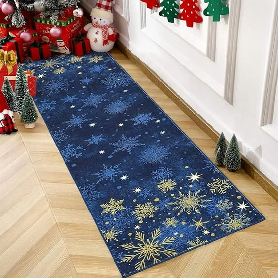 Christmas Red Gold and White Snowflake Winter Area Rug Rugs for Living Room Bedroom 2' x 6'-Blue