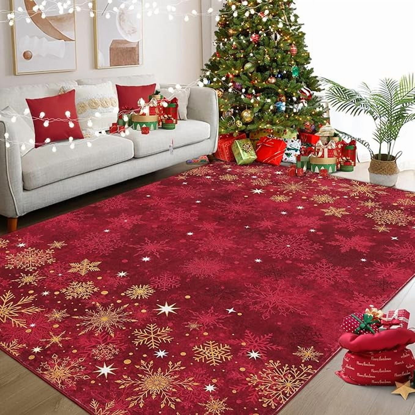 Christmas Red Gold and White Snowflake Winter Area Rug Rugs for Living ...