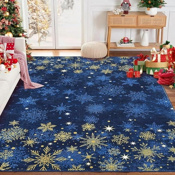 Christmas Red Gold and White Snowflake Winter Area Rug Rugs for Living Room Bedroom 8' x10'-Blue