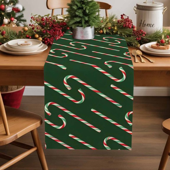 Christmas Red Green Candy Pattern Table Runner 13x90in Non-Slip Cotton Linen Table Runners, Winter Candies Stick Dresser Scarves TableRunner for Dinner Kitchen Dining Wedding Party