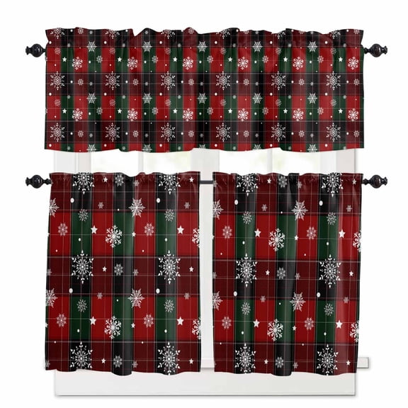 Christmas Red Green Classic Buffalo Plaid Snowflake Pattern Kitchen Curtains Valances and Tiers Set of 3, 24 Inch Length Tier Curtains and Valance Rod Pocket Valance Curtains Set for Kitchen