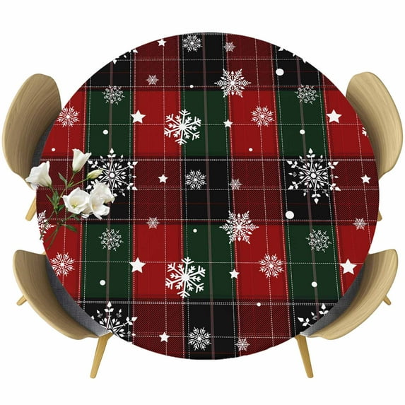 Christmas Red Green Classic Buffalo Plaid Snowflake Pattern Round Fitted Table Cover Waterproof Table Cloth with Elastic Edge Wipeable Tablecloth for Picnic Camping Party Fits 55"-60" Diameter