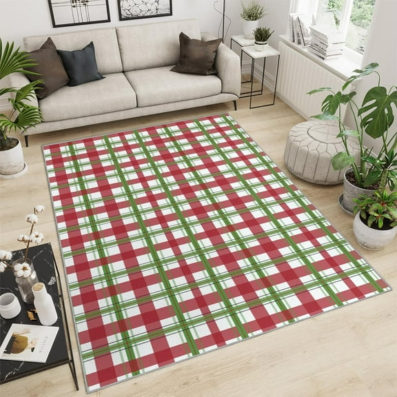 Christmas Red And Green Plaid Area Rugs Christmas Buffalo Plaid Stripes Xmas Rugs Washable Rug Wear-Resistant And Non-Slip Non-Shedding For Dining Room Children's Room 1x2ft