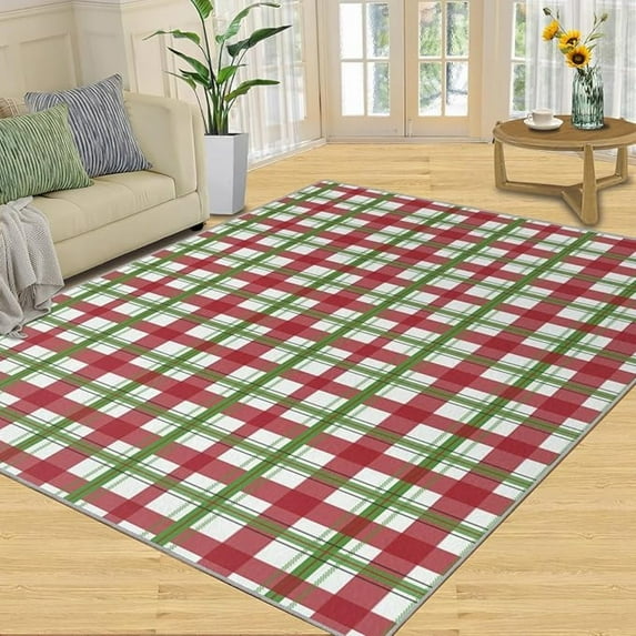Christmas Red And Green Plaid Area Rugs Christmas Buffalo Plaid Stripes Xmas Rugs Washable Rug Wear-Resistant And Non-Slip Non-Shedding For Dining Room Children's Room 1x2ft