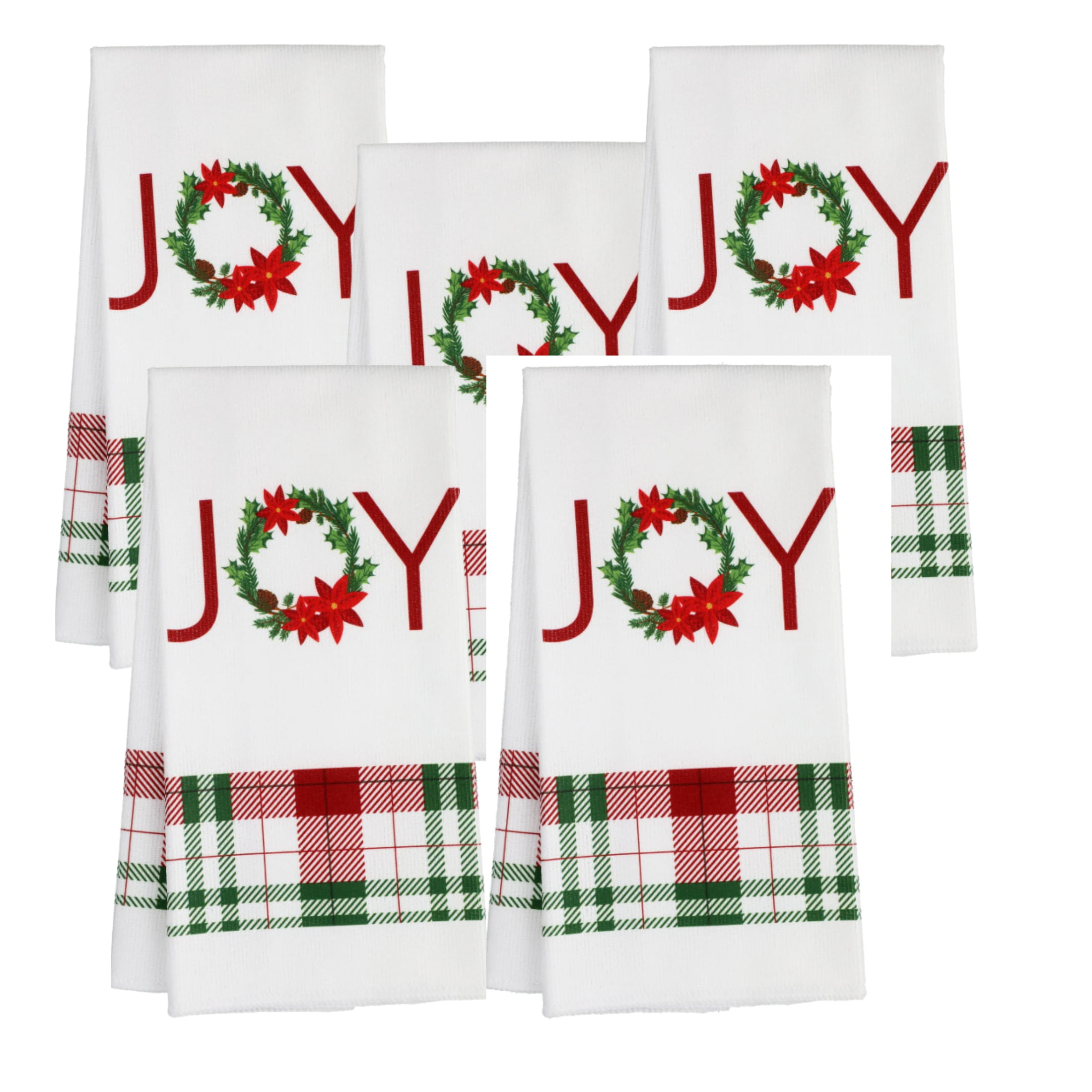 Christmas Red & Green Plaid Kitchen Towels Joy with Xmas Wreath Printed
