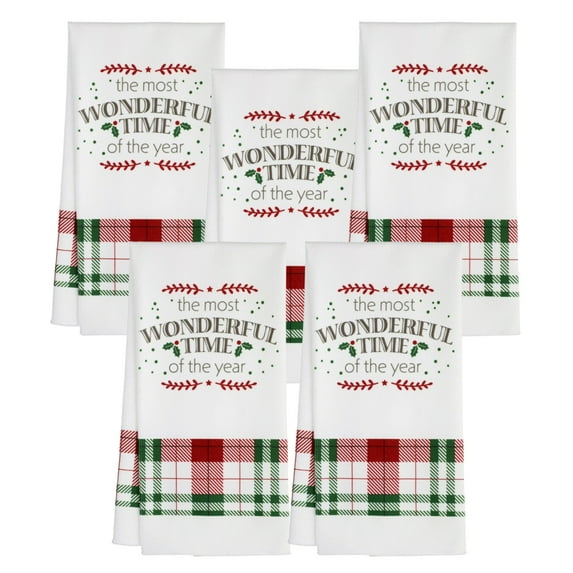 Christmas Red & Green Plaid Kitchen Towels The Most Wonderful Time of the Year Printed Dish Cloth Soft Quick Drying Clothes for Home Decor Holiday Baking Cooking Hand & Housewarming Gifts Set of 5