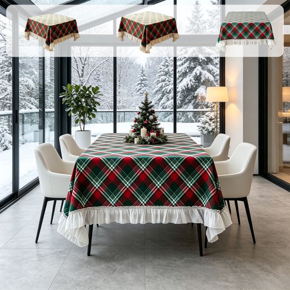 Christmas Red Green Plaid Tablecloth with White Ruffle Edge, Vintage Nordic Holiday Dining Table Cover, Festive Table Decor for Family Dinner Party Indoor Home Seasonal Layout