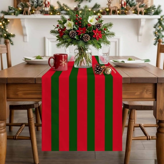 Christmas Red Green Stripe Table Runner 36 Inches Long, Non-Slip Kitchen Table Runners for Dining Room Everyday Use Party Table Decorations Modern Geometric Lines
