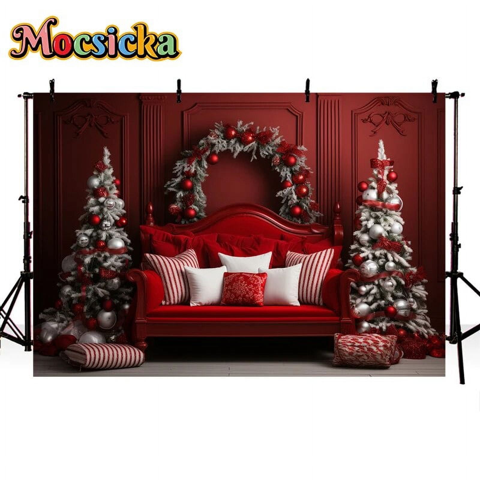 Merry Christmas Photo Backdrop - 12x10ft Red Brick Wall With Snow & Trees Scene