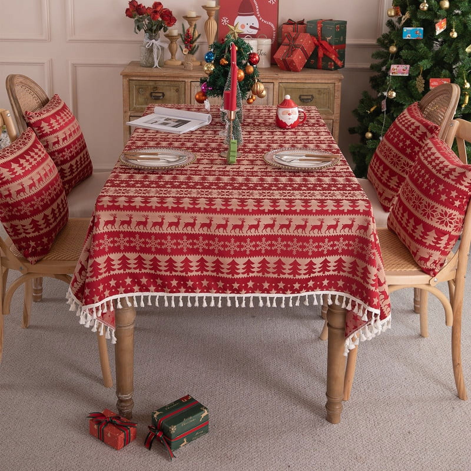 Christmas Red Jacquard Sofa Throw - Holiday Tree Bell Deer Print ...