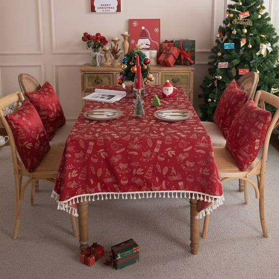 Christmas Red Jacquard Throw Blanket - Holiday Tree Bells Deer Print Waterproof Tablecloth with Fringe for Sofa, Coffee Table, Dining Decor