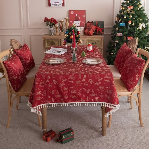 Christmas Red Jacquard Sofa Throw - Holiday Tree Bell Deer Print Waterproof Tablecloth with Fringe for Couch, Coffee Table, Dining Decor