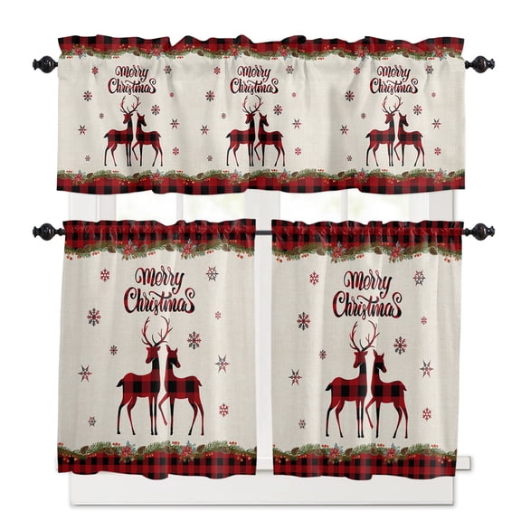Christmas Red Kitchen Curtains and Valances Set, and Black Buffalo Plaid Elk Rod Pocket Window Valance 18 Inch Window Curtain Panels for Living Room Bedroom Laundry, 27.5x24in, 3 Pieces