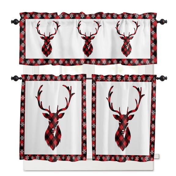 Christmas Red Kitchen Curtains and Valances Set, and Black Buffalo Plaid Elk Rod Pocket Window Valance 18 Inch Window Curtain Panels for Living Room Bedroom Laundry, 27.5x24in, 3 Pieces