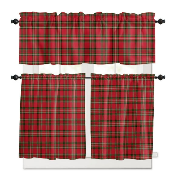 Christmas Red Kitchen Curtains and Valances Set, and Green Buffalo Plaid Rod Pocket Window Valance 18 Inch Window Curtain Panels for Living Room Bedroom Laundry, 27.5x24in, 3 Pieces