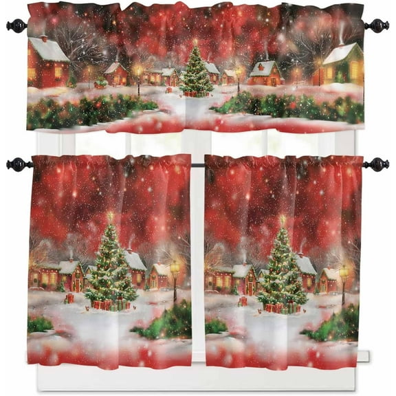 Christmas Red Kitchen Curtains and Valances Set, Rod Pocket Curtains Tier Farmhouse Window Curtains 24 Inch Length, Winter Pine Tree Cottage Town Snowflake 3 Piece Kitchen Curtains Set