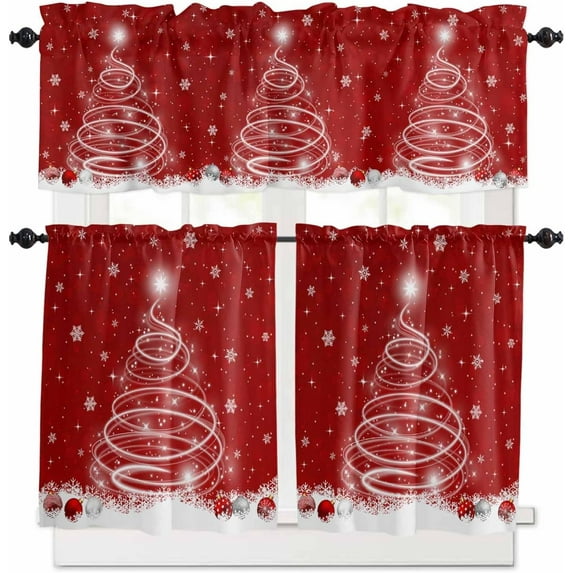 Christmas Red Kitchen Curtains and Valances Set, Rod Pocket Curtains Tier Farmhouse Window Curtains 24 Inch Length, Winter Xmas Pine Trees Snowflake Ball 3 Piece Kitchen Curtains Set