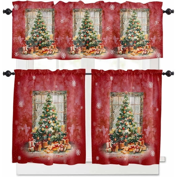 Christmas Red Kitchen Curtains and Valances Set, Rod Pocket Curtains Tier Farmhouse Window Curtains 36 Inch Length, Xmas Green Pine Tree Ball Snowflake 3 Piece Kitchen Curtains Set
