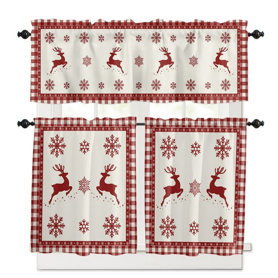 Christmas Red Kitchen Curtains and Valances Set, Snowflake and Elk Rod Pocket Window Valance 18 Inch Window Curtain Panels for Living Room Bedroom Laundry, 27.5x24in, 3 Pieces