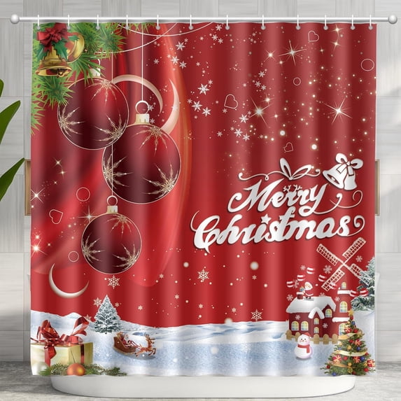 Christmas Red Lantern Shower Curtain Merry Christmas Shower Curtains for Bathroom Holiday New Year Decor Shower Curtain Sets with 12 Hooks (Red Lantern, 72" x 72")