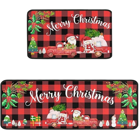 Christmas Red Lattice Gnomes Kitchen Rug Set 2 Piece, Cushioned Anti-Fatigue Kitchen Floor Mats Waterproof Easy to Clean, Comfort Standing Kitchen Mat Set with Non-Slip Latex