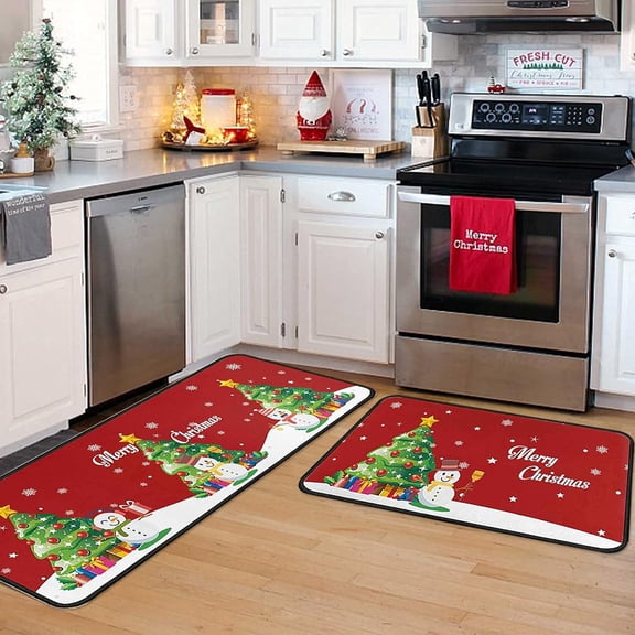 Christmas Red Lattice Kitchen Rug Set 2 Piece, Cushioned Anti-Fatigue Kitchen Floor Mats Waterproof Easy to Clean, Comfort Standing Kitchen Mat Set with Non-Slip Latex