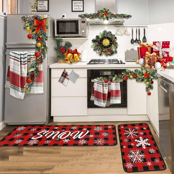 Christmas Red Lattice Kitchen Rug Set 2 Piece, Cushioned Anti-Fatigue Kitchen Floor Mats Waterproof Easy to Clean, Comfort Standing Kitchen Mat Set with Non-Slip Latex