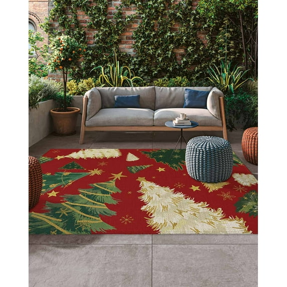 Christmas Red Outdoor Rug, Green Xmas Tree Star Winter Snowflake Large ...