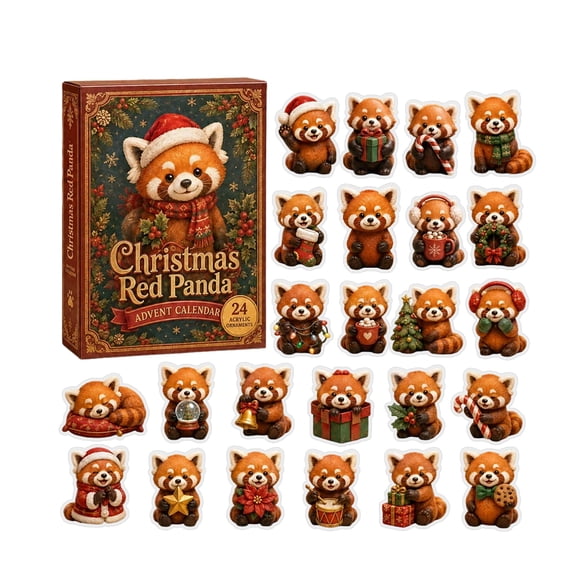 Christmas Red Panda Advent Calendar, 24-Day Countdown Set with 24 Assorted 2D Acrylic Ornaments for Holiday Gifts and Decor