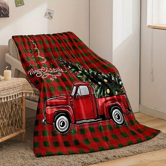 Christmas Red Pickup Truck Plaid Flannel Blanket - Soft Warm Cozy Throw with Festive Holiday Design, All-Season Contemporary Decor for Bedroom, Couch & Xmas Decorations