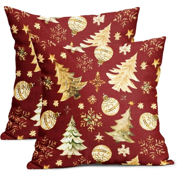 Christmas Red Pillow Covers 18X18 Inch Gold Xmas Tree Snowflakes Decorative Pillow Cases Set of 2 Winter Holiday Throw Pillows Farmhouse Home Decor for Sofa Couch Cushion Outdoor