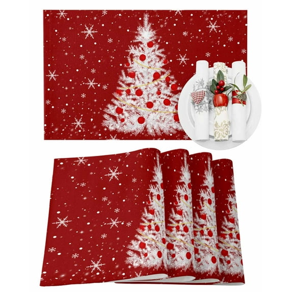 Christmas Red Placemats Set of 6 White Xmas Tree Winter Snowflakes Heat Insulation Washable Place Mats, Rustic Non-Slip Table Mats for Dining Table Party Kitchen Decor,13x19 Inch
