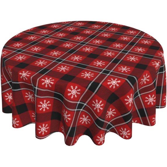 Christmas Red Plaid Round Tablecloth 60 Inch, Winter Snowflake Tablecloth, Washable Waterproof Wipeable Polyester Fabric, Farmhouse Checkered Table Cloth Cover for Holiday Party Kitchen Decor