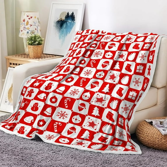 Christmas Red Plaid Throw Blanket, Winter Festival Santa Claus Reindeer Snowman Bell Xmas Blankets for Bed Couch Sofa Chair, Ultra Soft Lightweight Warm for Christmas Throws 60X70IN
