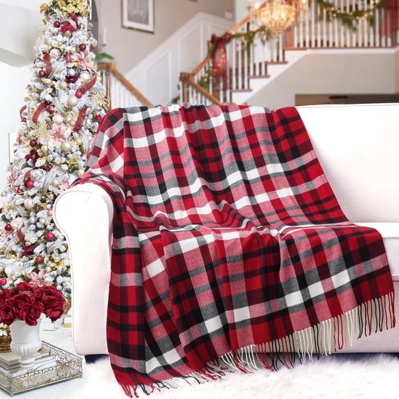Christmas Red Plaid Throw Blanket for Couch, Bed, Super Soft Red Plaid Scarf, Throw Blanket, Christmas Decorative Throw with Tassels 63 x 85