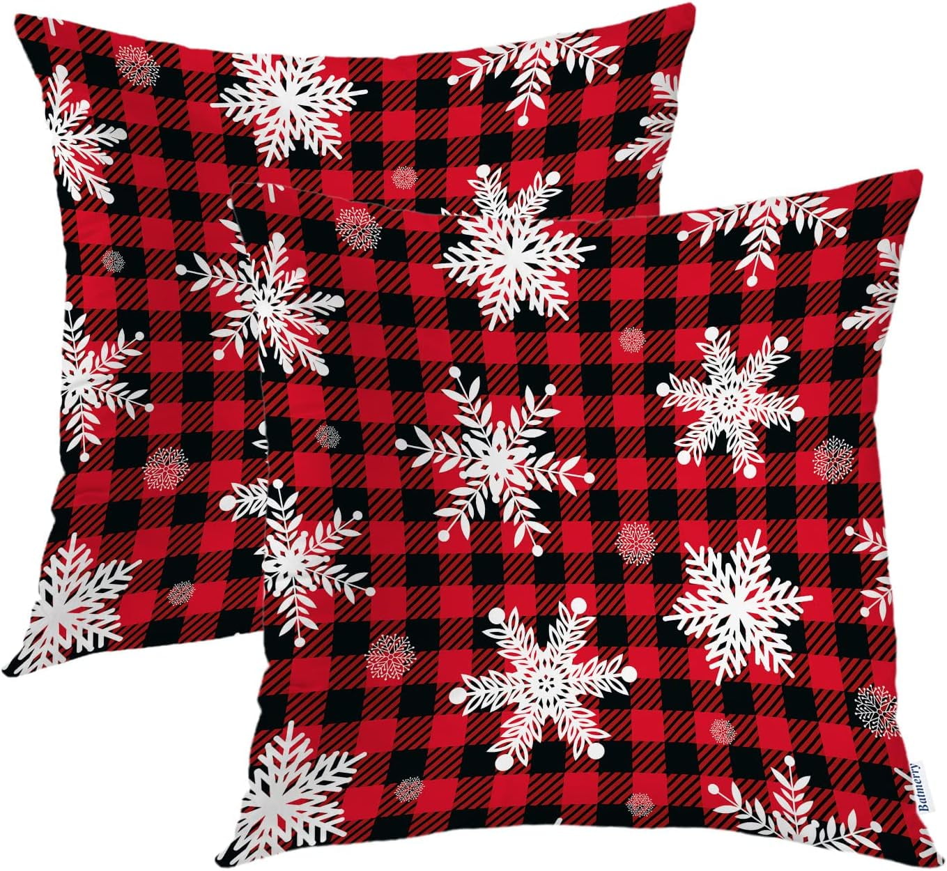 Christmas Red Plaid Throw Pillow Covers,Snowflakes On Buffalo Plaid Decorative Pillow Covers