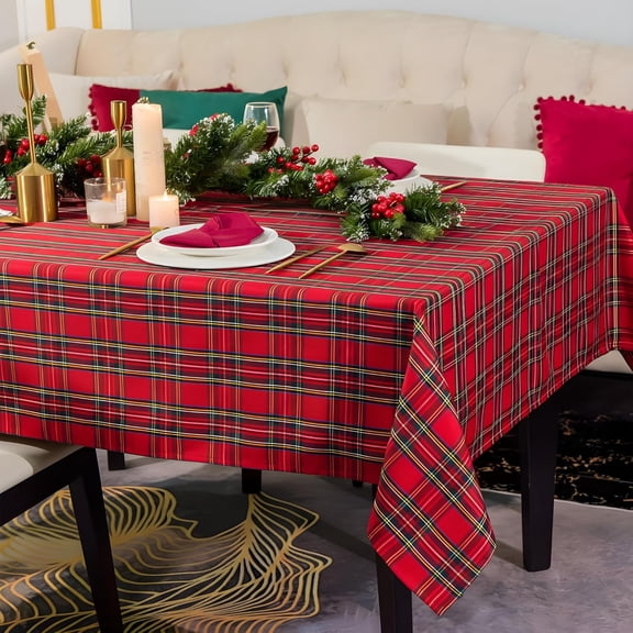 Christmas Red Plaid Waterproof Tablecloth – Classic Woven Check Design – Holiday Dining Table Cover for Xmas Parties, Stain-Resistant & Durable, W60 x L84 in