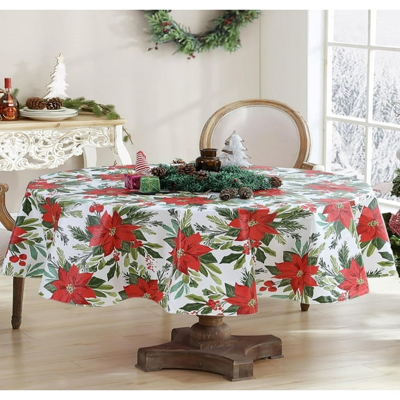 Christmas Red Poinsettia Flourish 60 x 84 inch Oval Vinyl Dining Tablecloth with Flannel Backing