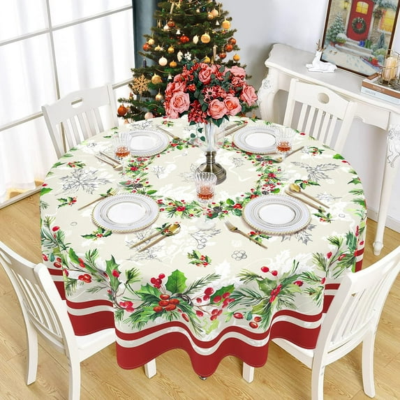 Christmas Red Poinsettia Flower Tablecloth, Merry Christmas Table Cloth Waterproof, Winter Christmas Xmas Kitchen Table Decor for Dining Holiday Party 60x60 Inch Round