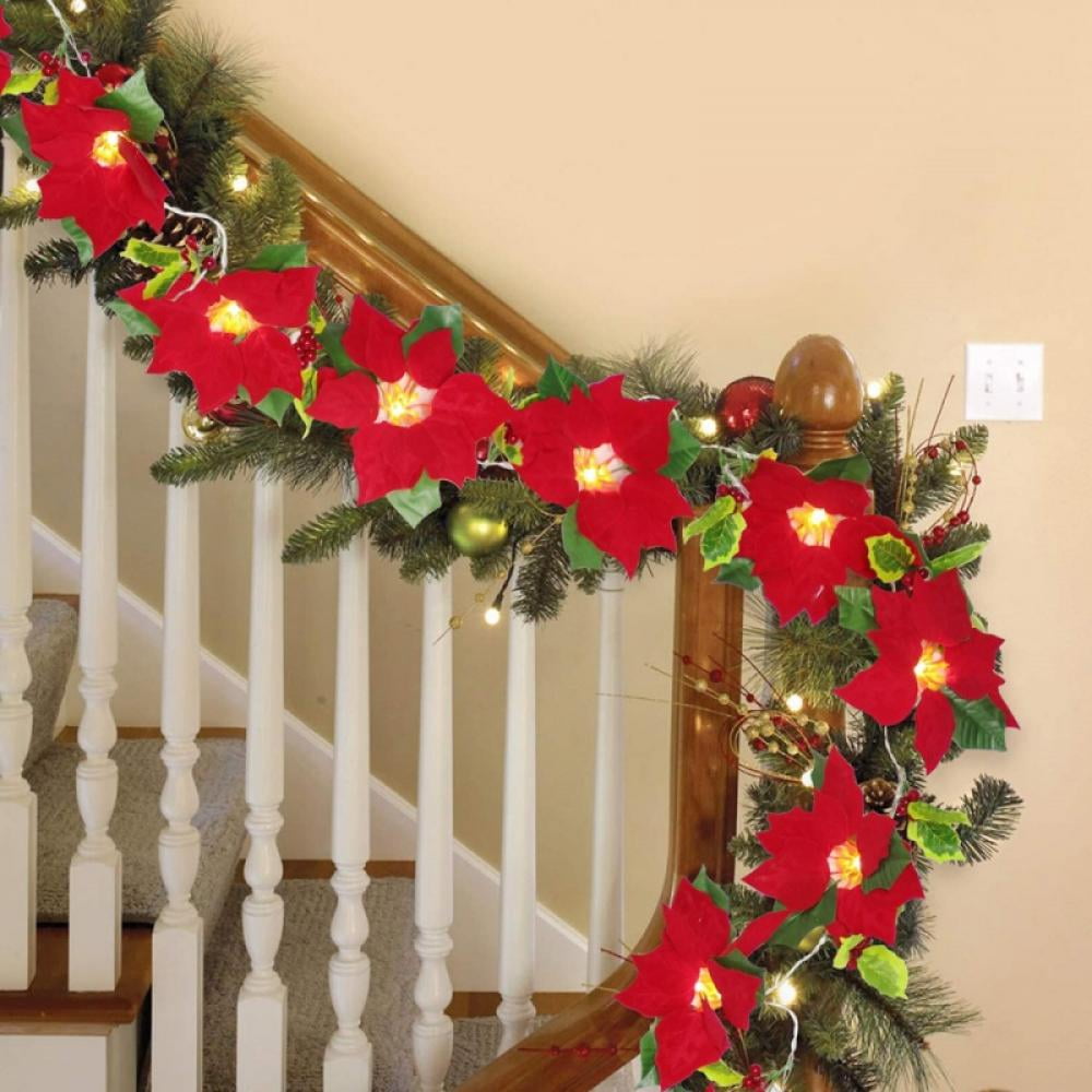 Christmas Red Poinsettia Garland Christmas Decorations Christmas Garland with Holly Leaves and Red Berries for Christmas Party Holiday Front Door Wreath Decor