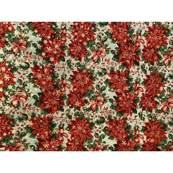 Christmas Red Poinsettia Gold Snowflakes on Ivory Poly Cotton Fabric - Sold by the Yard - 58" / 59"