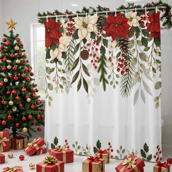 Christmas Red Poinsettia Shower Curtains for Bathroom, Winter Xmas Flowers Eucalyptus Waterproof Fabric Shower Curtain, Decorative Bathroom Curtain for Bathtub, 72"x72", No Hooks Included