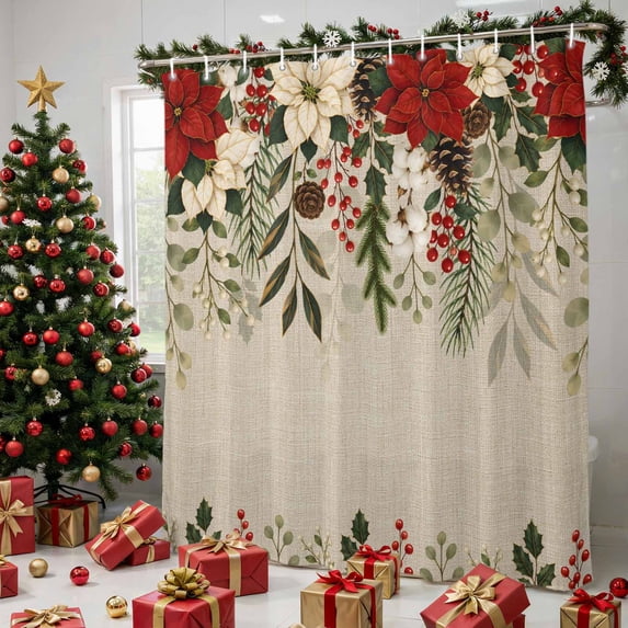 Christmas Red Poinsettia Shower Curtains for Bathroom, Winter Xmas Flowers Farmhouse Waterproof Fabric Shower Curtain, Decorative Bathroom Curtain for Bathtub, 72"x84", No Hooks Included
