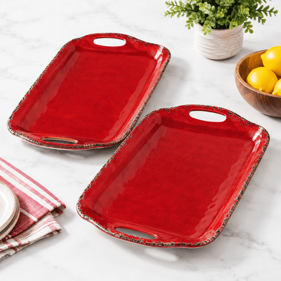 Christmas Red Rectangle Serving Tray Set of 2, Rustic Crackled Food Platter with Handles