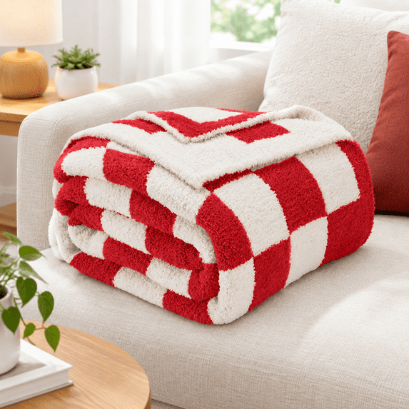 Christmas Red Reversible Checkered Knit Throw Blanket 50