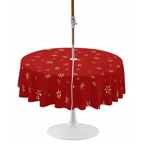 Christmas Red Round Outdoor Tablecloth, Waterproof Table Cloth Cover with Umbrella Hole and Zipper, Winter Snowflakes Xmas Retro Table Protector for Patio Party Picnic 54" Round